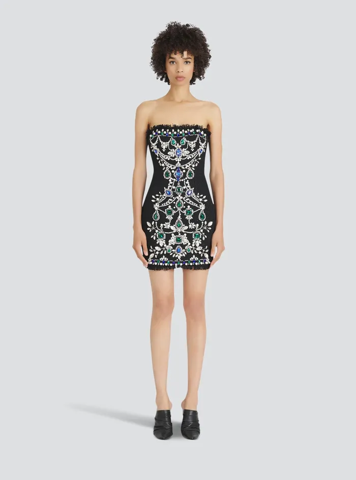 Balmain Dresses Womens Short Bustier Tweed Dress With Embrodery Black Balmain Dresses Womens Short Bustier Tweed Dress With Embrodery Black