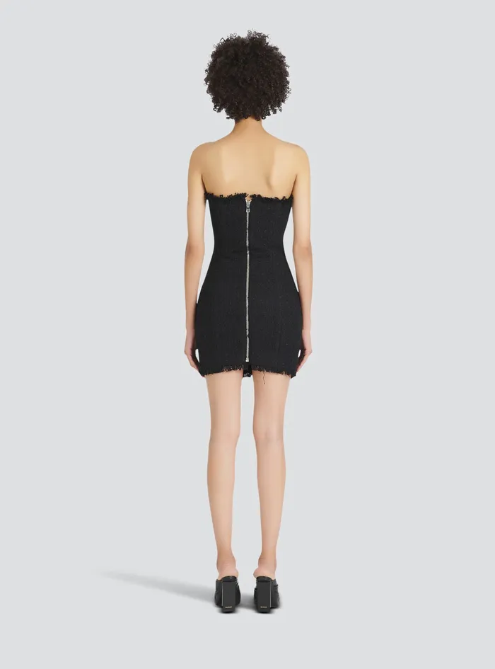 Balmain Dresses Womens Short Bustier Tweed Dress With Embrodery Black Balmain Dresses Womens Short Bustier Tweed Dress With Embrodery Black