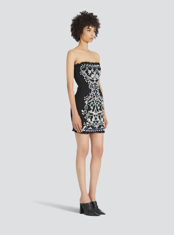 Balmain Dresses Womens Short Bustier Tweed Dress With Embrodery Black Balmain Dresses Womens Short Bustier Tweed Dress With Embrodery Black