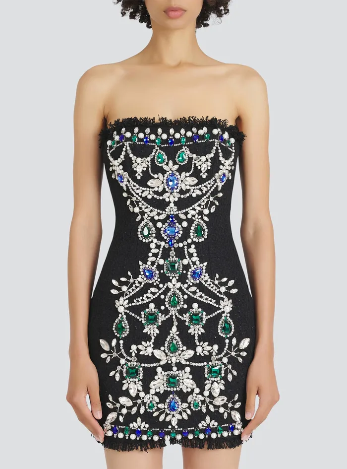 Balmain Dresses Womens Short Bustier Tweed Dress With Embrodery Black Balmain Dresses Womens Short Bustier Tweed Dress With Embrodery Black