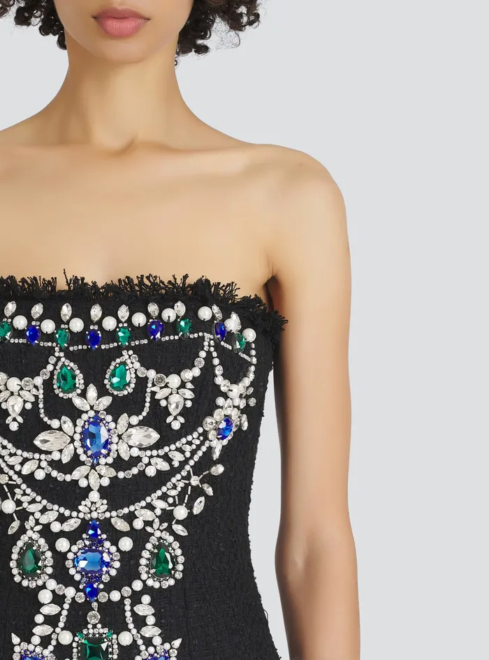 Balmain Dresses Womens Short Bustier Tweed Dress With Embrodery Black Balmain Dresses Womens Short Bustier Tweed Dress With Embrodery Black