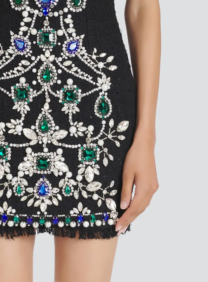Balmain Dresses Womens Short Bustier Tweed Dress With Embrodery Black Balmain Dresses Womens Short Bustier Tweed Dress With Embrodery Black