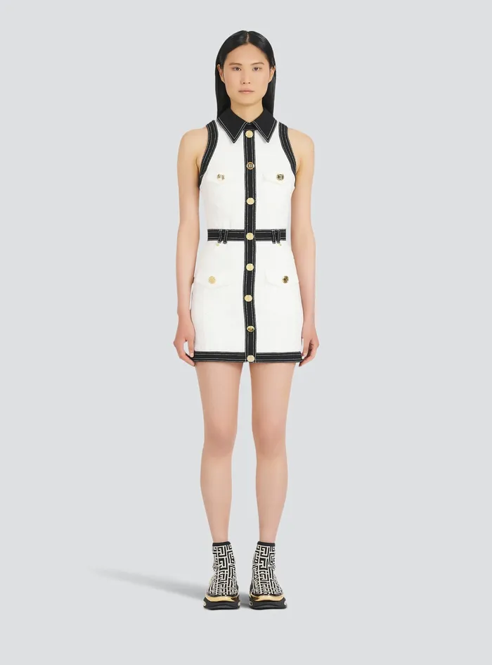 Balmain Dresses Womens Short Buttoned Denim Dress White Balmain Dresses Womens Short Buttoned Denim Dress White