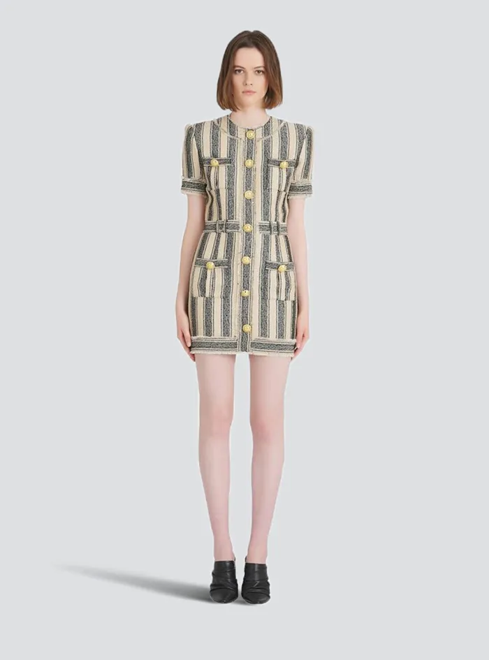 Balmain Dresses Womens Short Cotton Piqu Dress With GoldTone Buttons Multicolor Balmain Dresses Womens Short Cotton Piqu Dress With GoldTone Buttons Multicolor