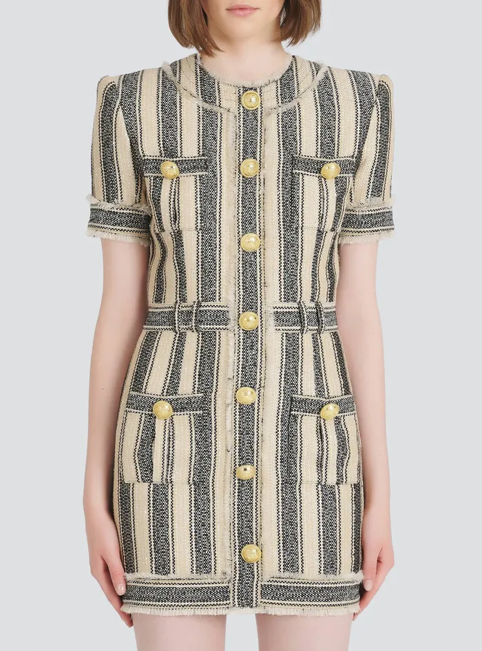 Balmain Dresses Womens Short Cotton Piqu Dress With GoldTone Buttons Multicolor Balmain Dresses Womens Short Cotton Piqu Dress With GoldTone Buttons Multicolor