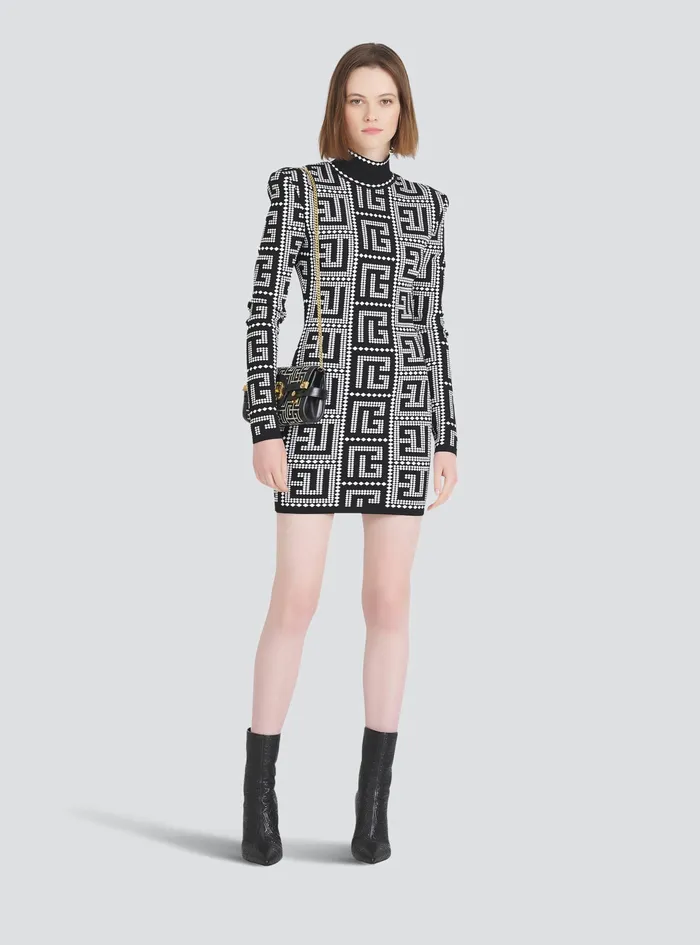 Balmain Dresses Womens Short EcoDesigned Dress With Mosaic Balmain Monogram Black Balmain Dresses Womens Short EcoDesigned Dress With Mosaic Balmain Monogram Black