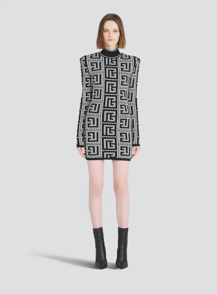 Balmain Dresses Womens Short EcoDesigned Dress With Mosaic Balmain Monogram Black Balmain Dresses Womens Short EcoDesigned Dress With Mosaic Balmain Monogram Black