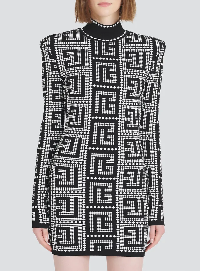 Balmain Dresses Womens Short EcoDesigned Dress With Mosaic Balmain Monogram Black Balmain Dresses Womens Short EcoDesigned Dress With Mosaic Balmain Monogram Black