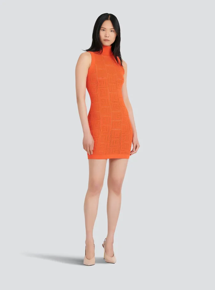 Balmain Dresses Womens Short EcoDesigned Knit Dress With Balmain Monogram Orange Balmain Dresses Womens Short EcoDesigned Knit Dress With Balmain Monogram Orange
