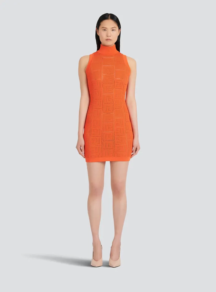 Balmain Dresses Womens Short EcoDesigned Knit Dress With Balmain Monogram Orange Balmain Dresses Womens Short EcoDesigned Knit Dress With Balmain Monogram Orange
