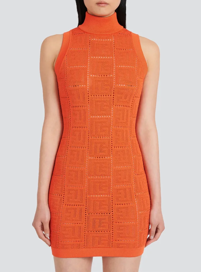 Balmain Dresses Womens Short EcoDesigned Knit Dress With Balmain Monogram Orange Balmain Dresses Womens Short EcoDesigned Knit Dress With Balmain Monogram Orange