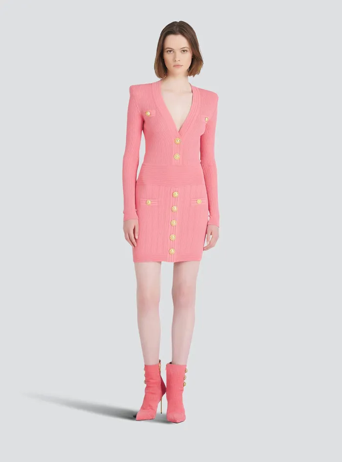 Balmain Dresses Womens Short EcoDesigned Knit Dress With GoldTone Buttons Pink Balmain Dresses Womens Short EcoDesigned Knit Dress With GoldTone Buttons Pink