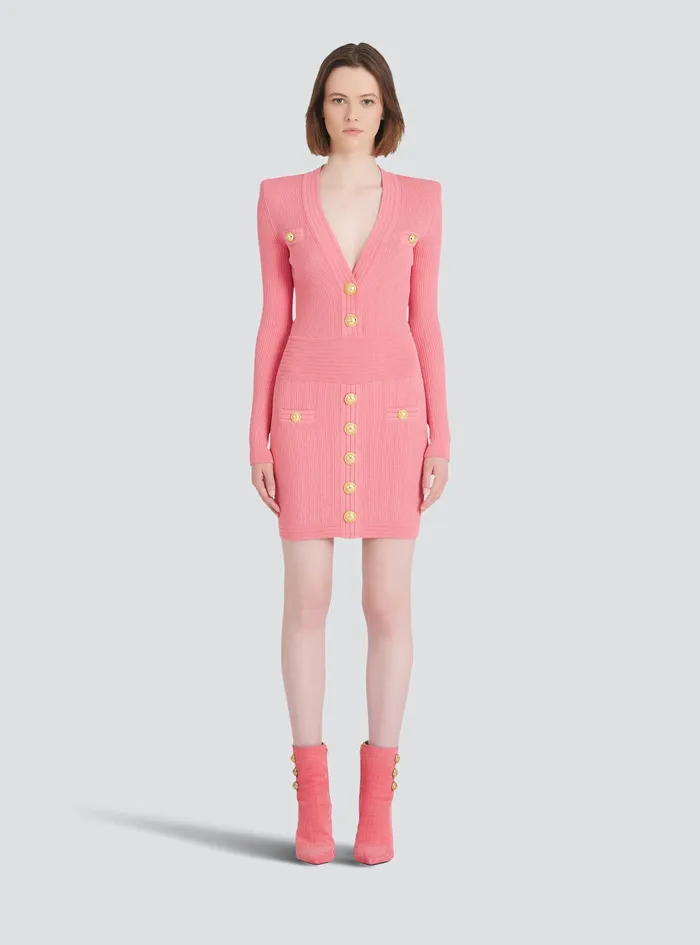 Balmain Dresses Womens Short EcoDesigned Knit Dress With GoldTone Buttons Pink Balmain Dresses Womens Short EcoDesigned Knit Dress With GoldTone Buttons Pink