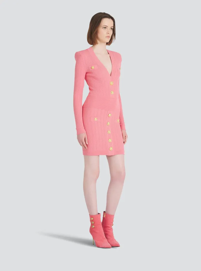 Balmain Dresses Womens Short EcoDesigned Knit Dress With GoldTone Buttons Pink Balmain Dresses Womens Short EcoDesigned Knit Dress With GoldTone Buttons Pink