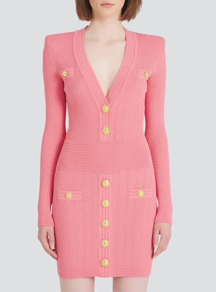 Balmain Dresses Womens Short EcoDesigned Knit Dress With GoldTone Buttons Pink Balmain Dresses Womens Short EcoDesigned Knit Dress With GoldTone Buttons Pink