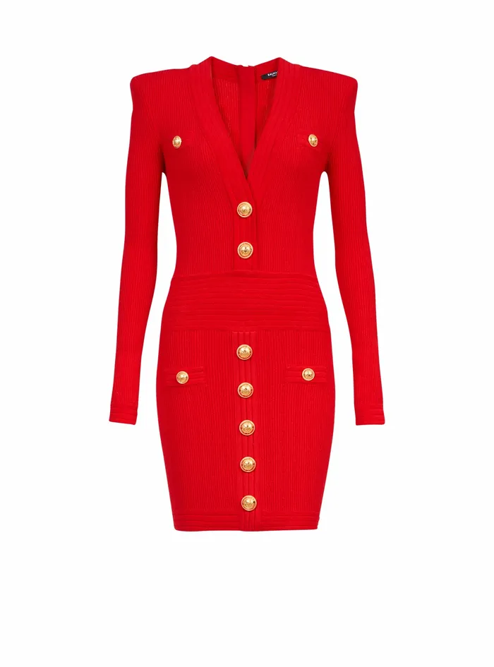 Balmain Dresses Womens Short EcoDesigned Knit Dress With GoldTone Buttons Red