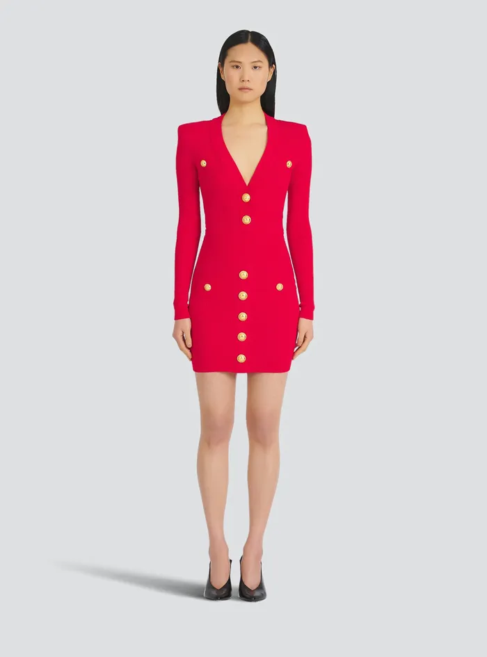 Balmain Dresses Womens Short EcoDesigned Knit Dress With GoldTone Buttons Red Balmain Dresses Womens Short EcoDesigned Knit Dress With GoldTone Buttons Red