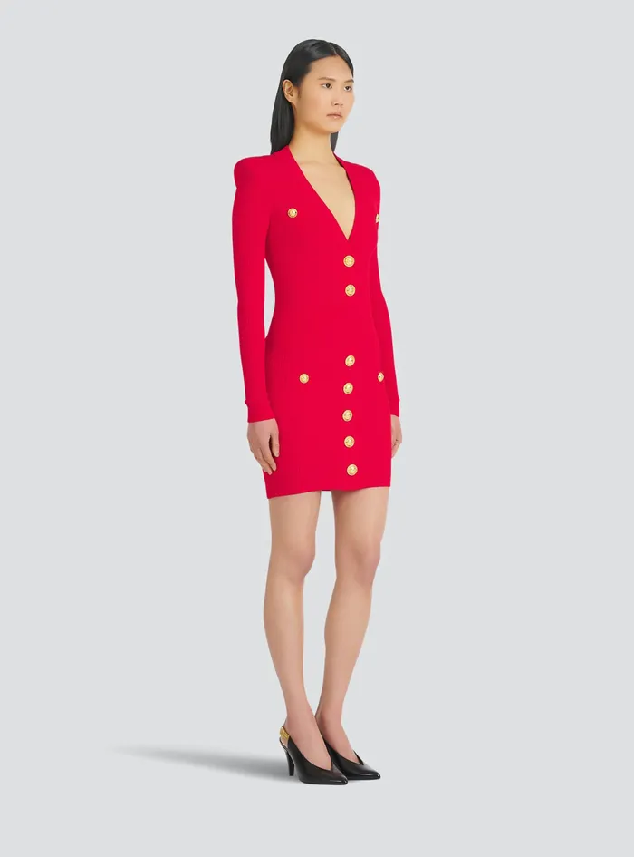 Balmain Dresses Womens Short EcoDesigned Knit Dress With GoldTone Buttons Red Balmain Dresses Womens Short EcoDesigned Knit Dress With GoldTone Buttons Red
