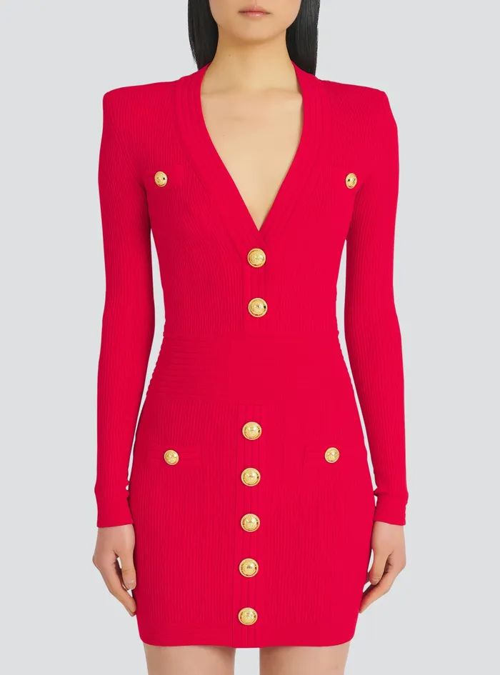 Balmain Dresses Womens Short EcoDesigned Knit Dress With GoldTone Buttons Red Balmain Dresses Womens Short EcoDesigned Knit Dress With GoldTone Buttons Red