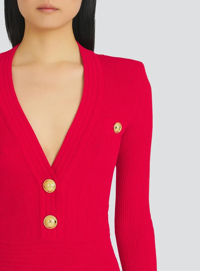 Balmain Dresses Womens Short EcoDesigned Knit Dress With GoldTone Buttons Red Balmain Dresses Womens Short EcoDesigned Knit Dress With GoldTone Buttons Red
