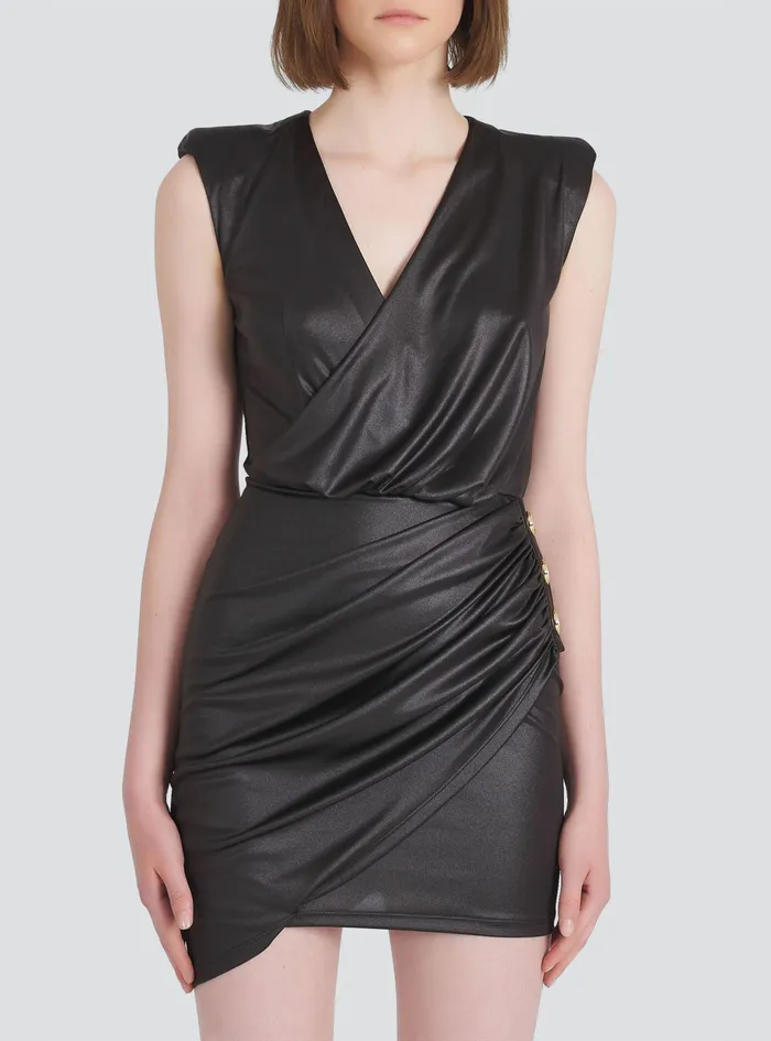 Balmain Dresses Womens Short Jersey Draped Dress Black Balmain Dresses Womens Short Jersey Draped Dress Black