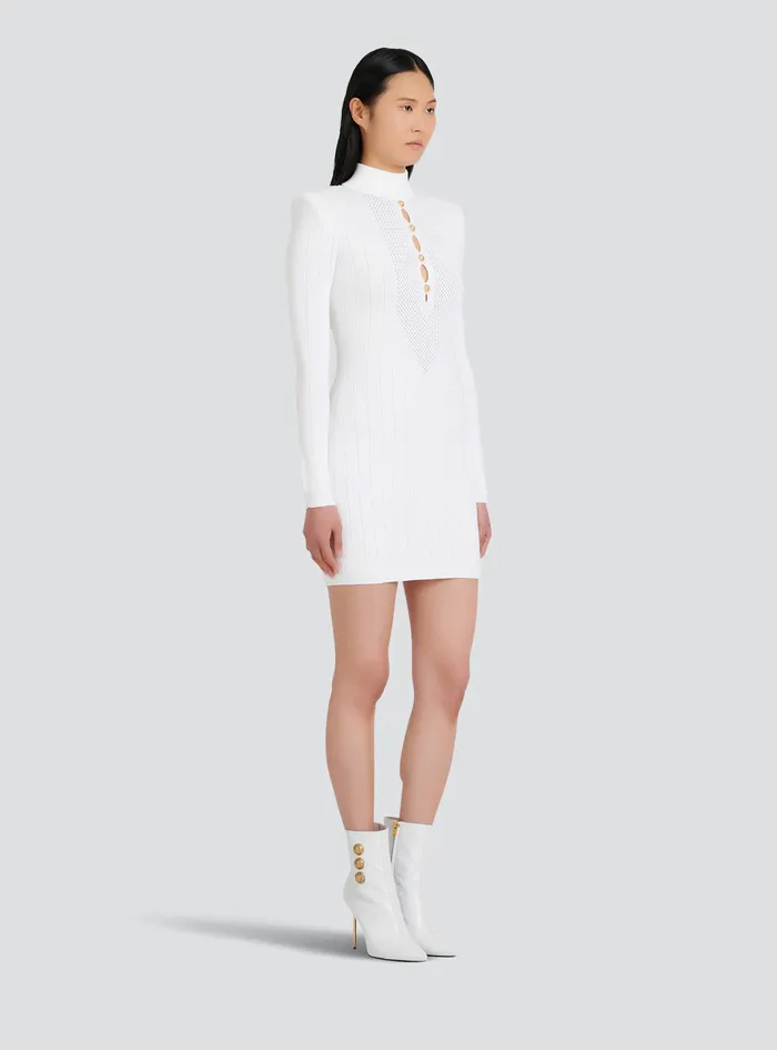 Balmain Dresses Womens Short Knit BibFront EcoDesigned Dress White Balmain Dresses Womens Short Knit BibFront EcoDesigned Dress White