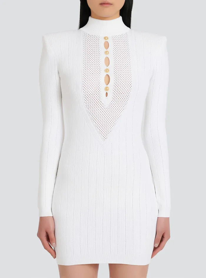 Balmain Dresses Womens Short Knit BibFront EcoDesigned Dress White Balmain Dresses Womens Short Knit BibFront EcoDesigned Dress White