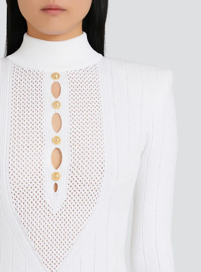 Balmain Dresses Womens Short Knit BibFront EcoDesigned Dress White Balmain Dresses Womens Short Knit BibFront EcoDesigned Dress White