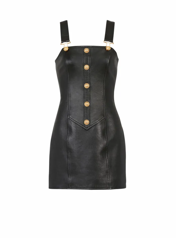Balmain Dresses Womens Short Leather Overall Dress Black