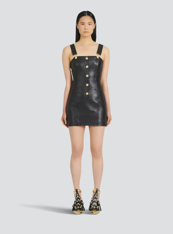 Balmain Dresses Womens Short Leather Overall Dress Black Balmain Dresses Womens Short Leather Overall Dress Black