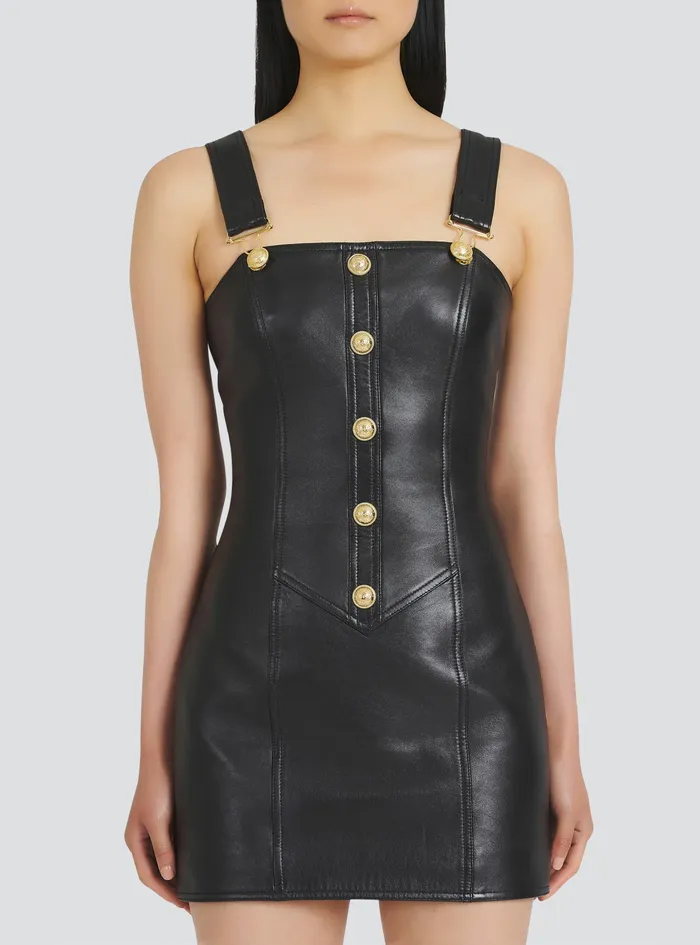 Balmain Dresses Womens Short Leather Overall Dress Black Balmain Dresses Womens Short Leather Overall Dress Black