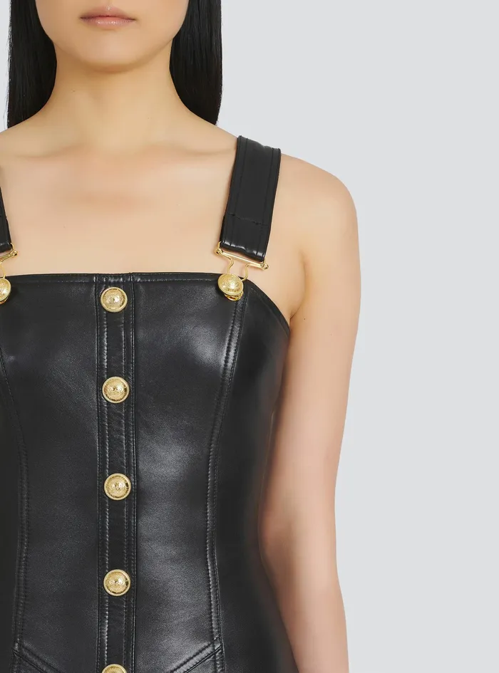Balmain Dresses Womens Short Leather Overall Dress Black Balmain Dresses Womens Short Leather Overall Dress Black