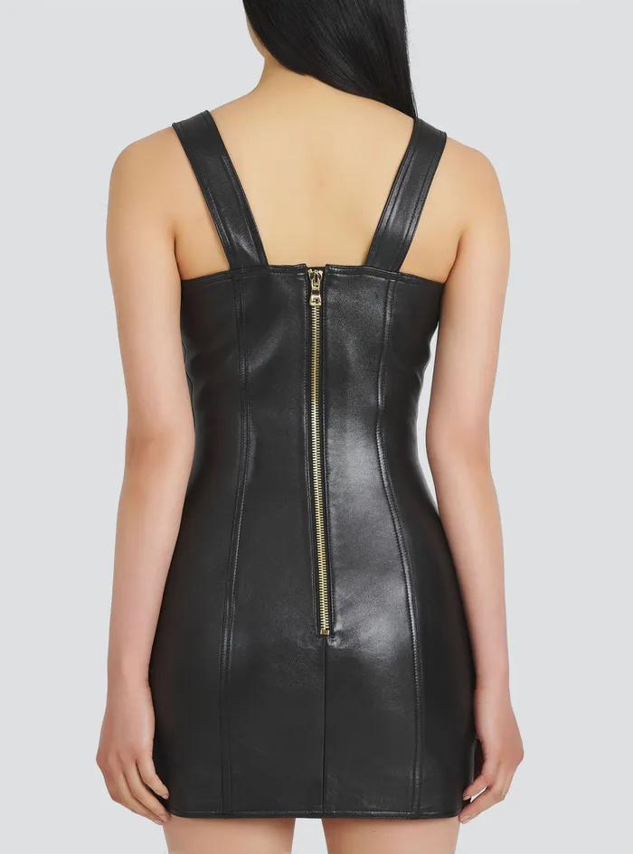 Balmain Dresses Womens Short Leather Overall Dress Black Balmain Dresses Womens Short Leather Overall Dress Black