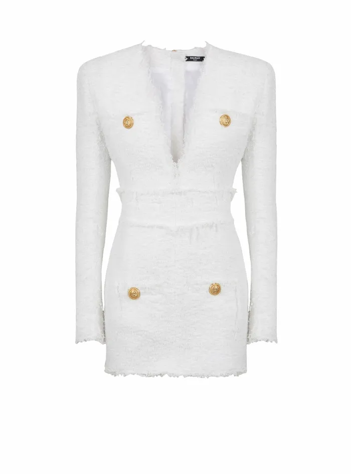 Balmain Dresses Womens Short Tweed Dress With GoldTone Buttons White