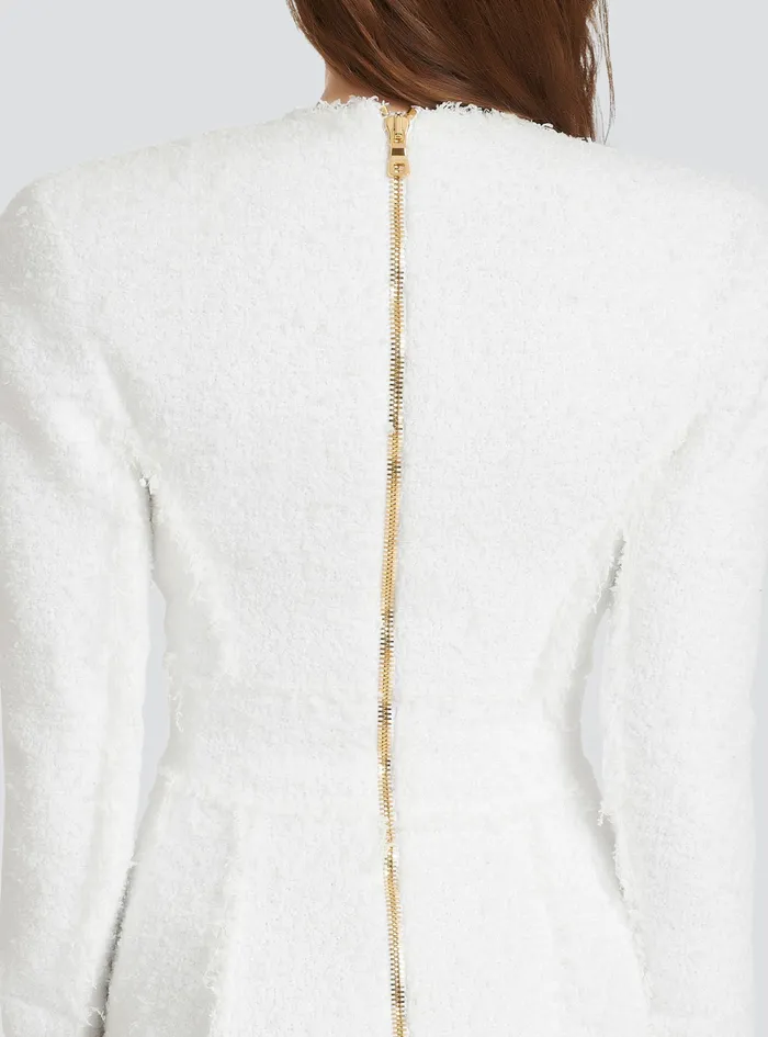 Balmain Dresses Womens Short Tweed Dress With GoldTone Buttons White Balmain Dresses Womens Short Tweed Dress With GoldTone Buttons White