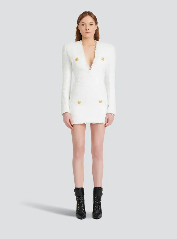 Balmain Dresses Womens Short Tweed Dress With GoldTone Buttons White Balmain Dresses Womens Short Tweed Dress With GoldTone Buttons White