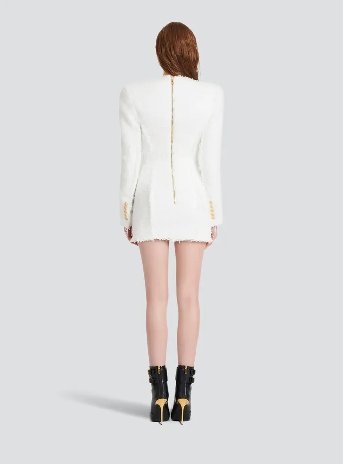 Balmain Dresses Womens Short Tweed Dress With GoldTone Buttons White Balmain Dresses Womens Short Tweed Dress With GoldTone Buttons White