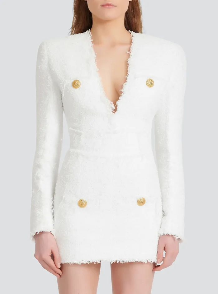 Balmain Dresses Womens Short Tweed Dress With GoldTone Buttons White Balmain Dresses Womens Short Tweed Dress With GoldTone Buttons White