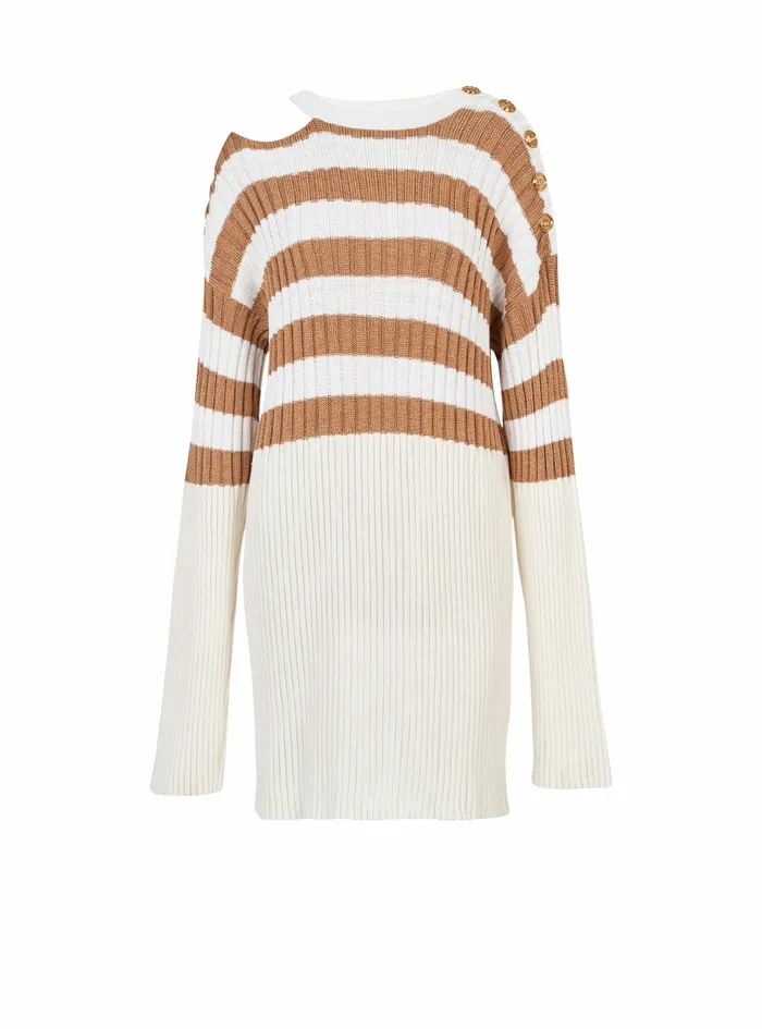 Balmain Dresses Womens Striped EcoDesigned Wool Dress Beige