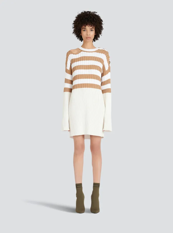 Balmain Dresses Womens Striped EcoDesigned Wool Dress Beige Balmain Dresses Womens Striped EcoDesigned Wool Dress Beige