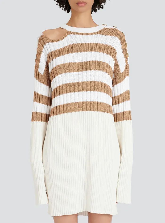 Balmain Dresses Womens Striped EcoDesigned Wool Dress Beige Balmain Dresses Womens Striped EcoDesigned Wool Dress Beige