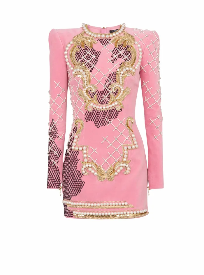 Balmain Dresses Womens Velvet Dress With Embroidery Pink