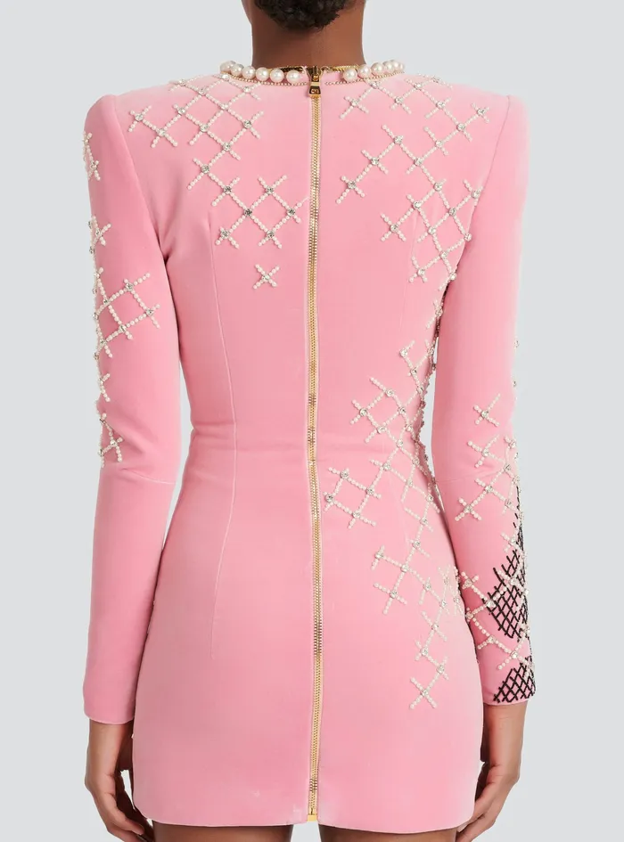 Balmain Dresses Womens Velvet Dress With Embroidery Pink Balmain Dresses Womens Velvet Dress With Embroidery Pink