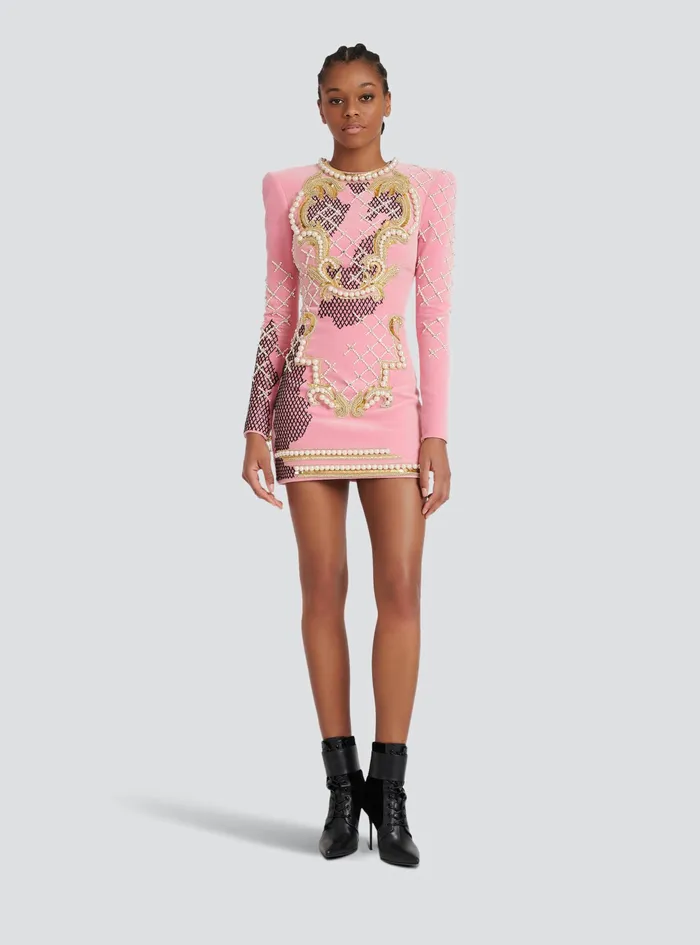 Balmain Dresses Womens Velvet Dress With Embroidery Pink Balmain Dresses Womens Velvet Dress With Embroidery Pink