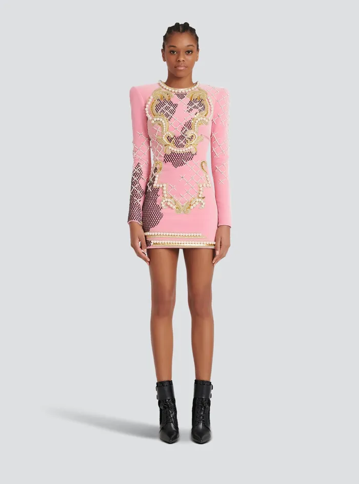 Balmain Dresses Womens Velvet Dress With Embroidery Pink Balmain Dresses Womens Velvet Dress With Embroidery Pink