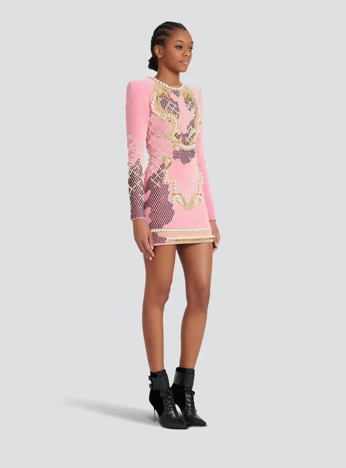 Balmain Dresses Womens Velvet Dress With Embroidery Pink Balmain Dresses Womens Velvet Dress With Embroidery Pink