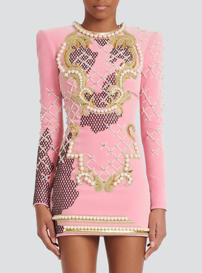 Balmain Dresses Womens Velvet Dress With Embroidery Pink Balmain Dresses Womens Velvet Dress With Embroidery Pink