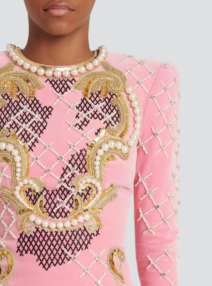 Balmain Dresses Womens Velvet Dress With Embroidery Pink Balmain Dresses Womens Velvet Dress With Embroidery Pink