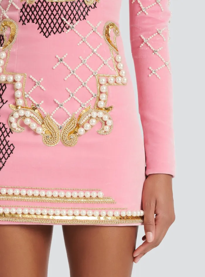 Balmain Dresses Womens Velvet Dress With Embroidery Pink Balmain Dresses Womens Velvet Dress With Embroidery Pink