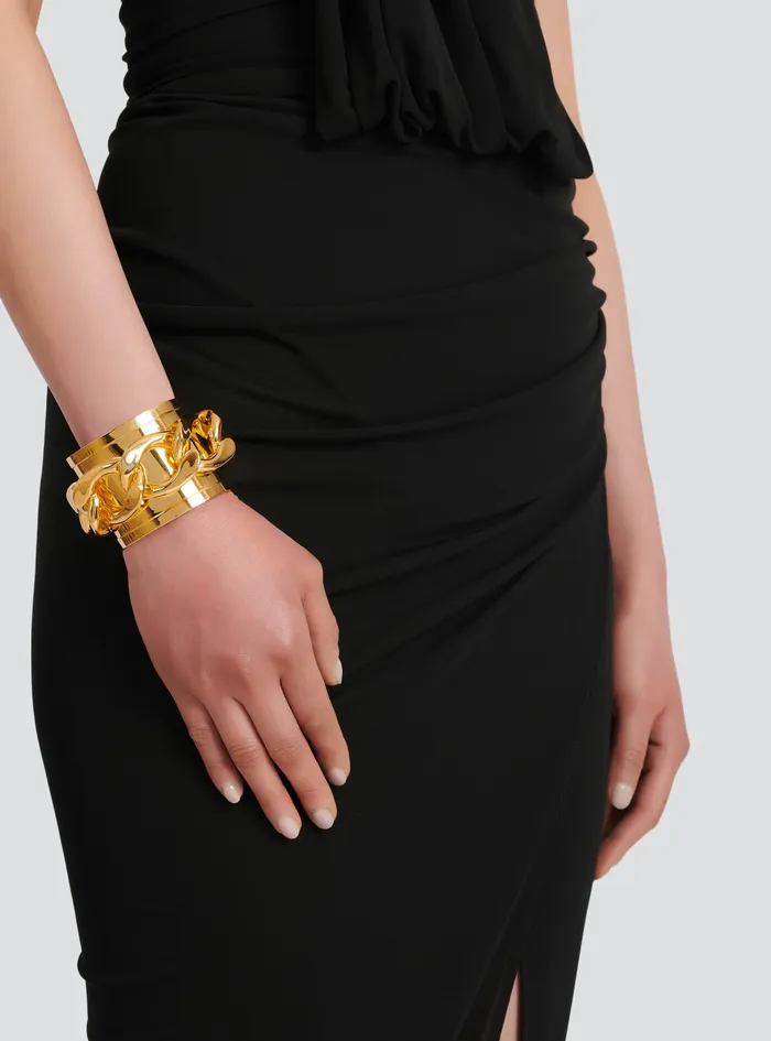Balmain Fashion Jewelry Womens GoldTone Brass Cuff Bracelet With Chain Gold Balmain Fashion Jewelry Womens GoldTone Brass Cuff Bracelet With Chain Gold